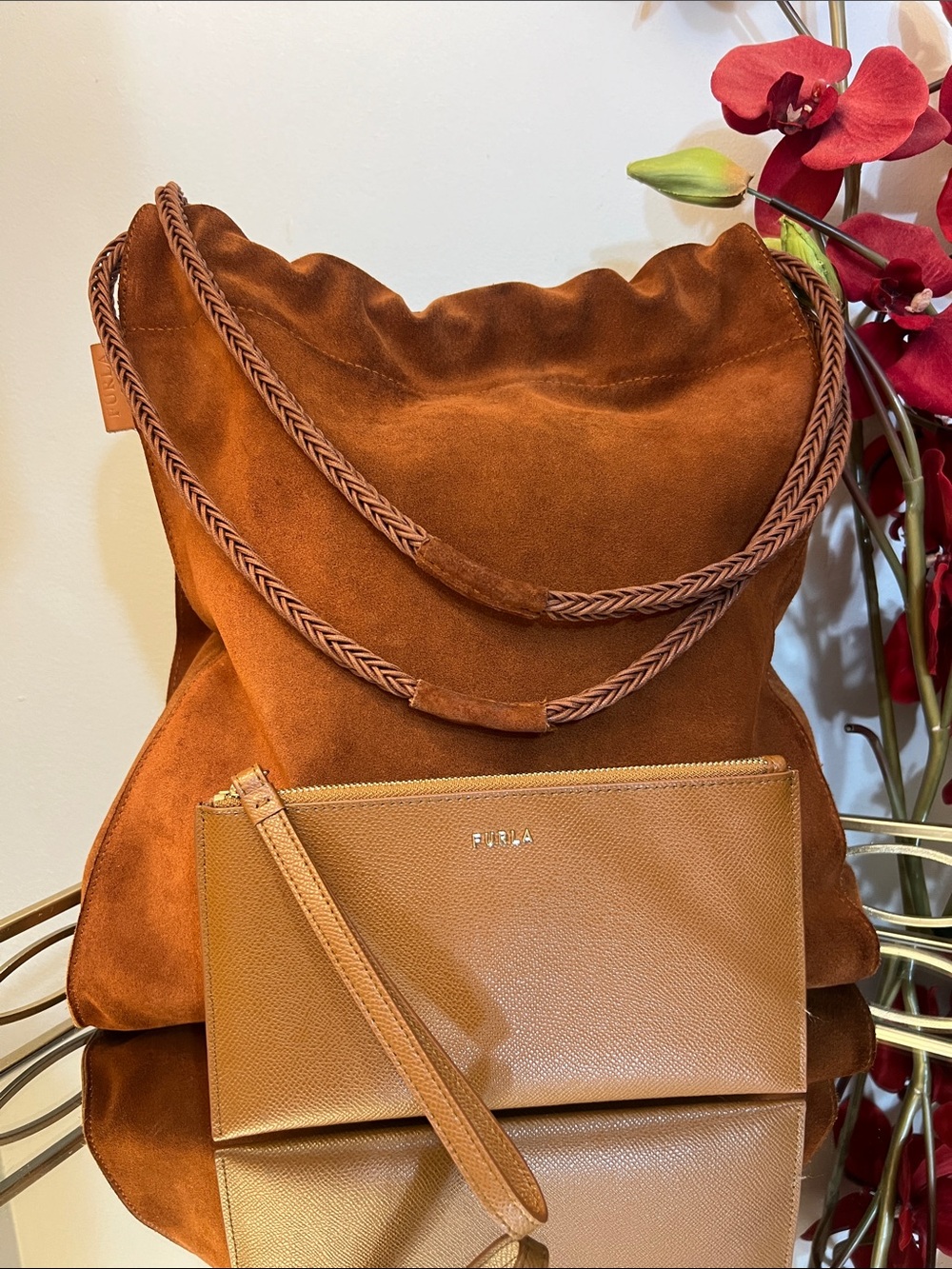 FURLA Suede Drawstring Shoulder Bag & Saffiano Leather Wristlet Set Cognac Brown